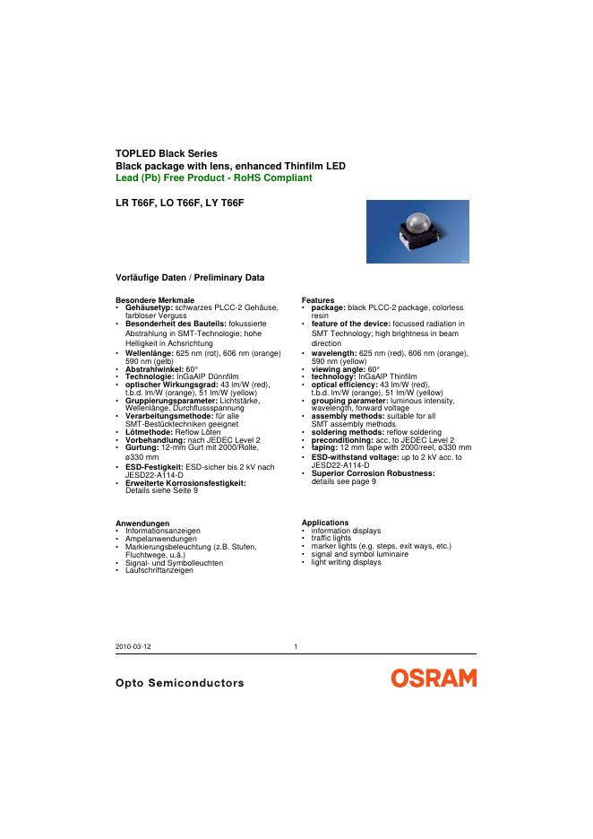 OSRAM SYLVANIA TOPLED Black Series Black package with lens,enhanced Thinfilm <em>LED</em> Lead(Pb)Free Product-RoHS Compliant LR T66F,LO T66F,LY T66F 数据手册 海报
