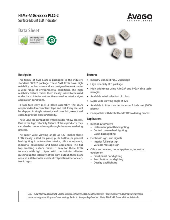 AVAGO TECHNOLOGIES HSMx-A10x-xxxxx PLCC-2 Surface Mount <em>LED</em> Indicator 数据手册 海报