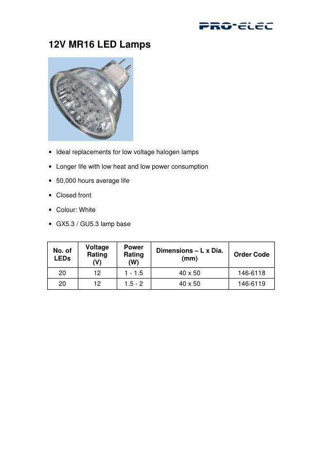 PRO ELEC 12V MR16 <em>LED</em> Lamps 数据手册 海报