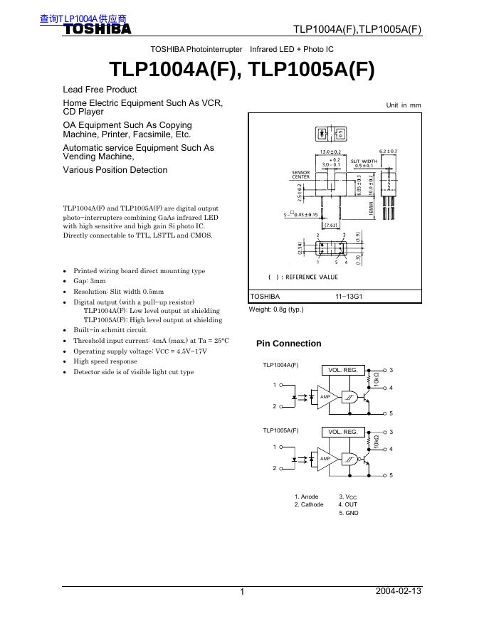 TOSHIBA Photointerrupter Infrared <em>LED</em>+Photo IC TLP1004A(F),TLP1005A(F)数据手册 海报