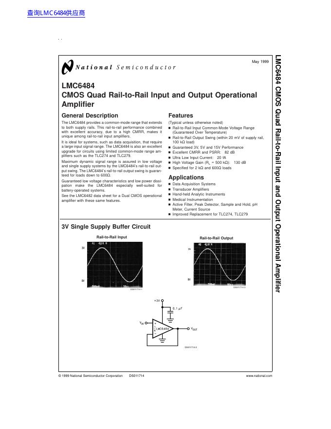 National Semiconductor LMC6484 CMOS Quad Rail-to-Rail Input and Output Operational Amplifier 数据手册_第1页
