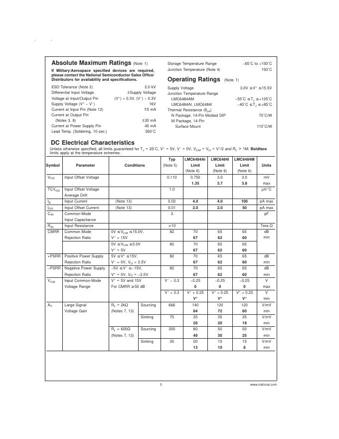 National Semiconductor LMC6484 CMOS Quad Rail-to-Rail Input and Output Operational Amplifier 数据手册_第3页