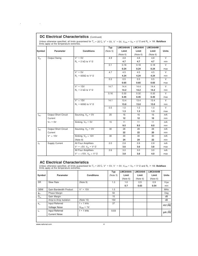 National Semiconductor LMC6484 CMOS Quad Rail-to-Rail Input and Output Operational Amplifier 数据手册_第4页