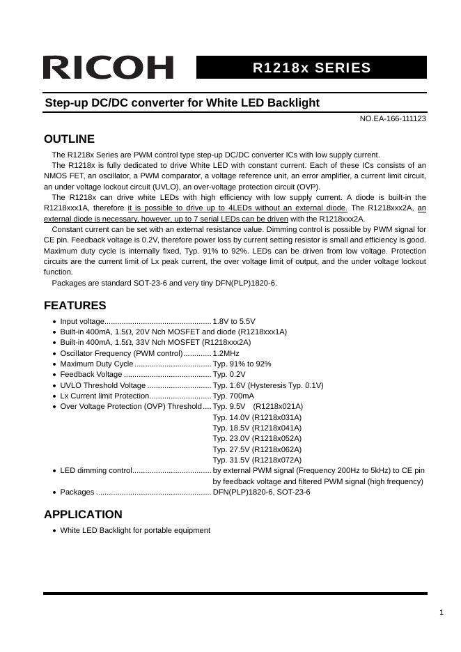 RICOH R1218x SERIES Step-up DC/DC converter for White <em>LED</em> Backlight 数据手册 海报
