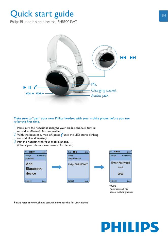 PHILIPS s Bluetooth stereo headset SHB9001WT 快速<em>入门</em>指南(英文) 海报
