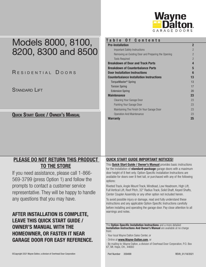 Wayne Dalton 8000,8100,8200,8300和8500型号住宅门安装快速<em>入门</em>指南/业主手册 海报