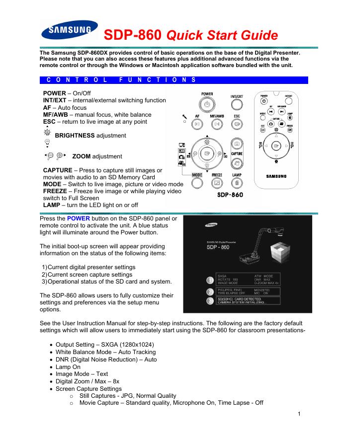 三星SDP-860数字演示器快速<em>入门</em>指南 海报