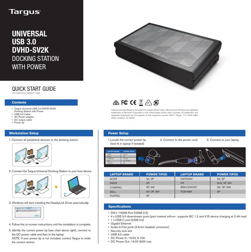 Targus Universal USB 3.0 DVHD-SV2K Docking Station with Power 快速<em>入门</em>指南 海报