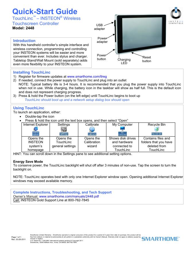 TouchLinc™ – INSTEON® Wireless Touchscreen Controller 快速<em>入门</em>指南 海报
