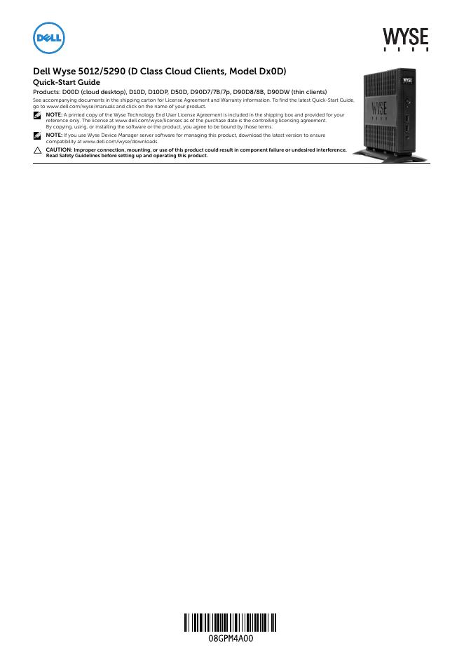 戴尔Wyse 5012/5290（D类云客户端，型号Dx0D）快速<em>入门</em>指南 海报