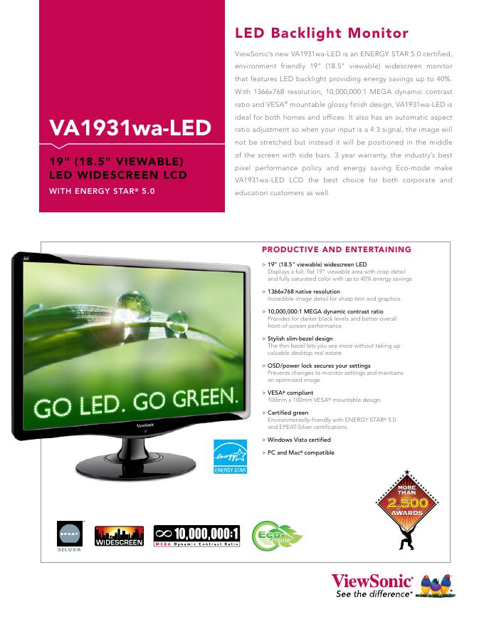 VIEWSONIC VA1931wa-<em>LED</em> USER GUIDE 海报