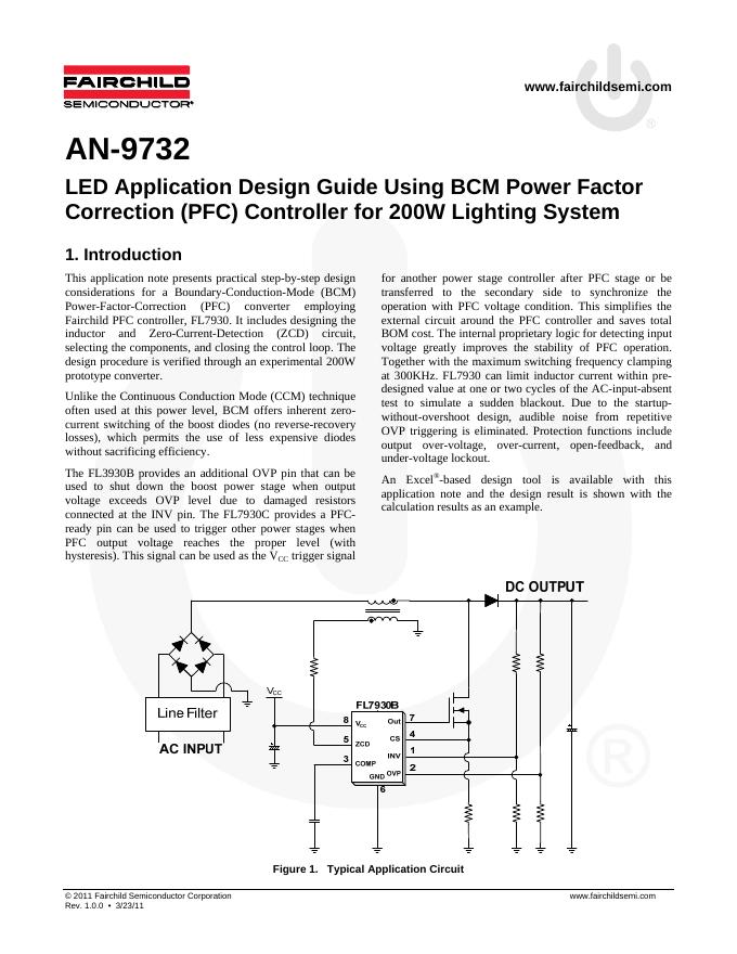 FAIRCHILD AN-9732 <em>LED</em> Application Design Guide Using BCM Power Factor Correction(PFC)Controller for 200W Lighting System 数据手册 海报