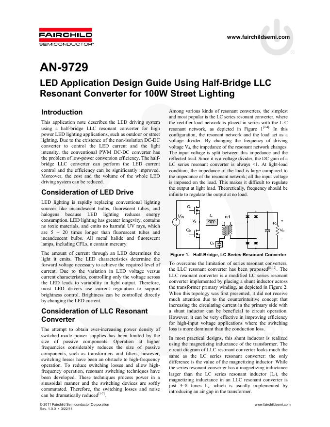 FAIRCHILD <em>LED</em> Application Design Guide Using Half-Bridge LLC Resonant Converter for 100W Street Lighting 数据手册 海报