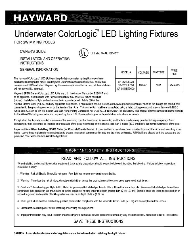 HAYWARD Underwater ColorLogic <em>LED</em> Lighting Fixtures FOR SWIMMING POOLS OWNER'S GUIDE 海报
