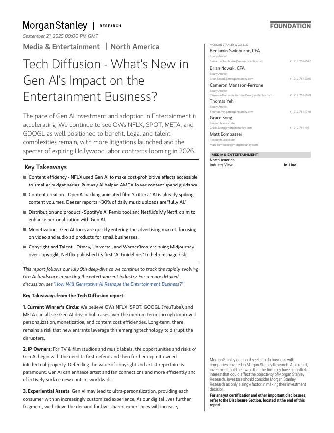 摩根士丹利：2025年生成式<em>人工智能</em>对娱乐业影响的新动态报告（英文版） 海报