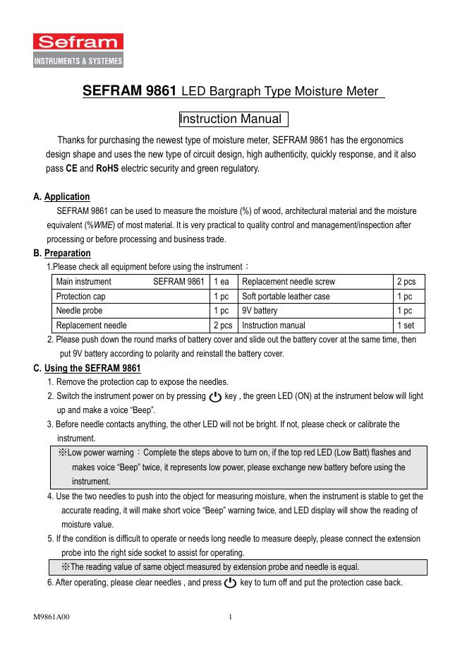 SEFRAM 9861 <em>LED</em> Bargraph Type Moisture Meter Instruction Manual 海报