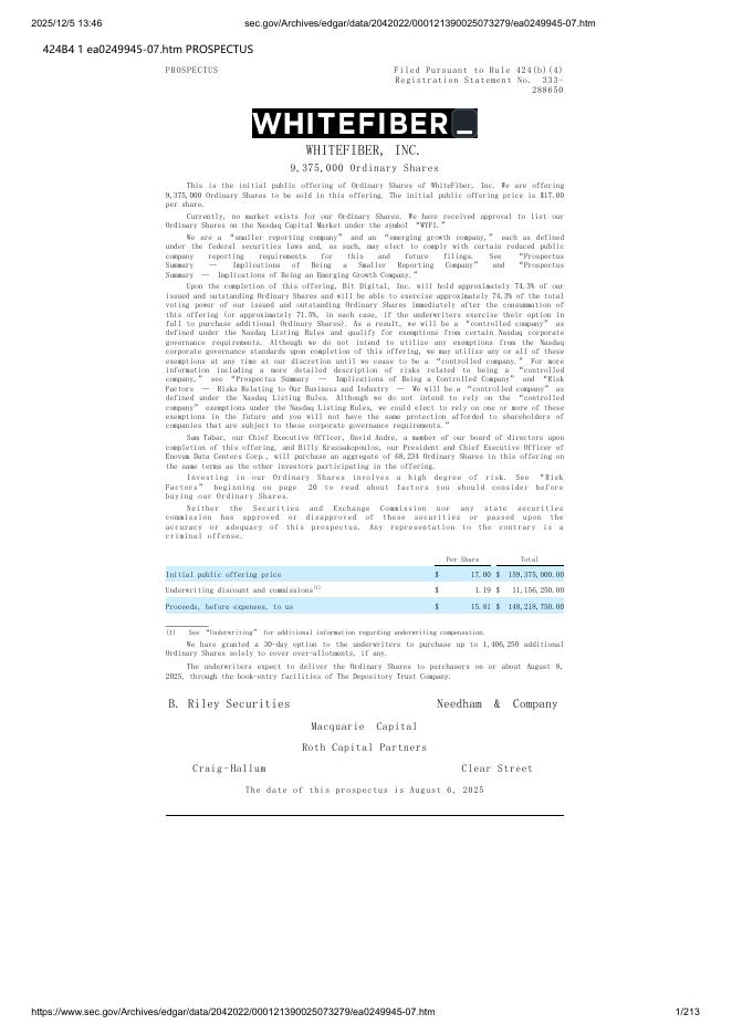 WhiteFiber,Inc.美股纳斯达克IPO上市招股说明书