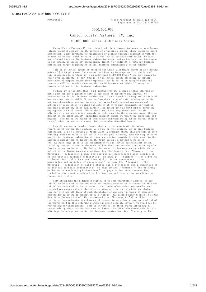 Cantor Equity Partners IV,Inc.美股纳斯达克IPO上市招股说明书