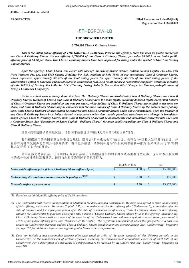 The Growhub Limited美股纳斯达克IPO上市招股说明书