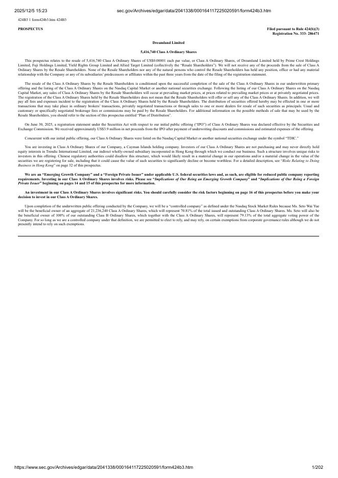 Dreamland Limited美股纳斯达克IPO上市招股说明书