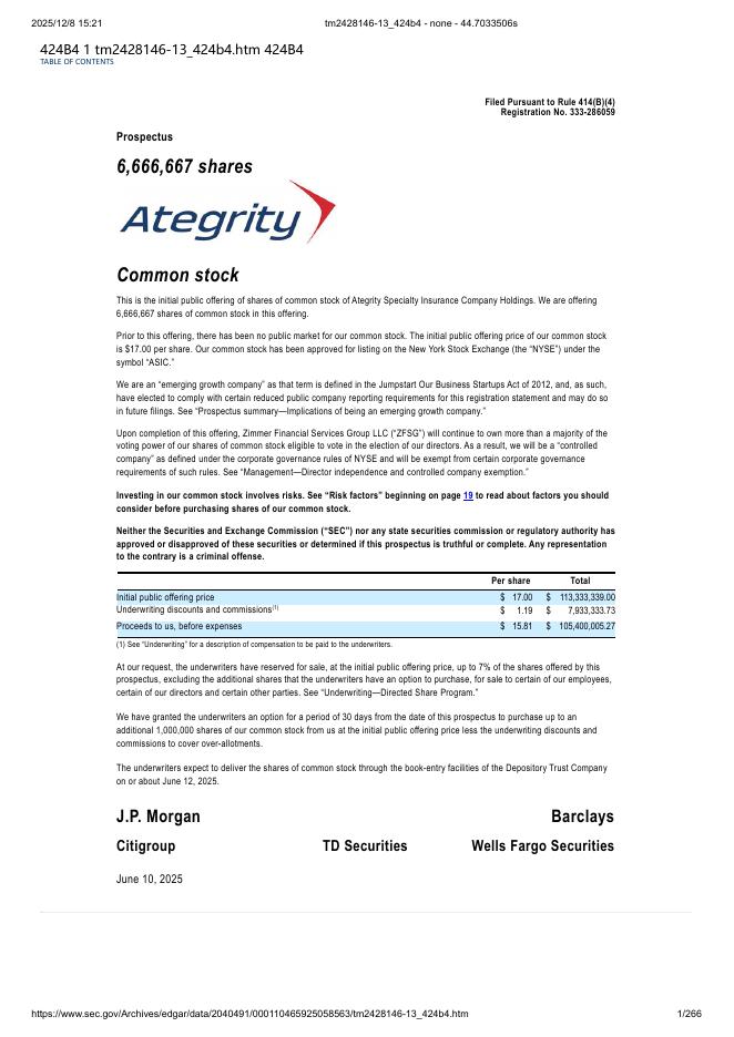 Ategrity Specialty Insurance Company Holdings美股纳斯达克IPO上市招股说明书