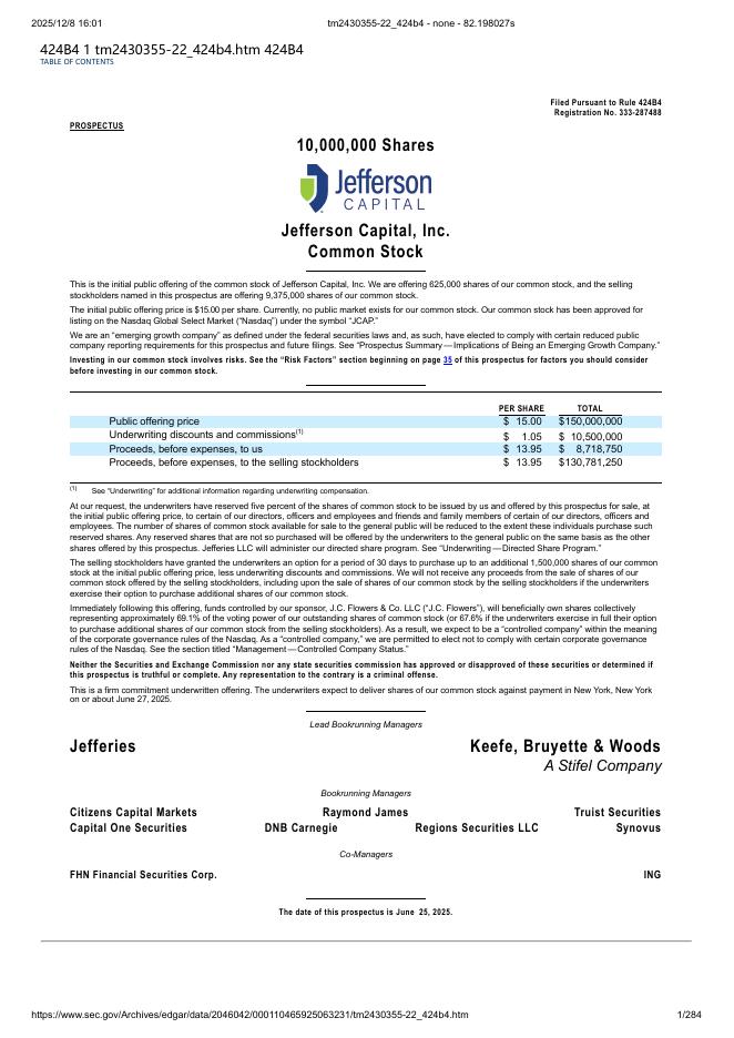 Jefferson Capital,Inc.美股纳斯达克IPO上市招股说明书