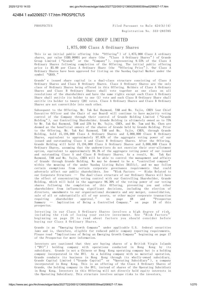 Grande Group Limited美股纳斯达克IPO上市招股说明书