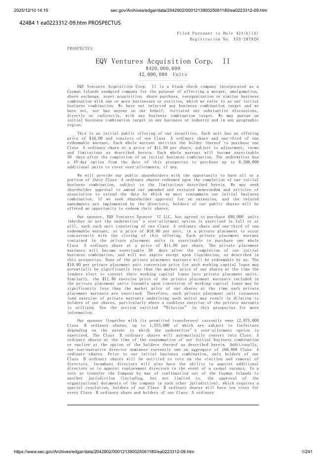 EQV Ventures Acquisition Corp.II美股纳斯达克IPO上市招股说明书