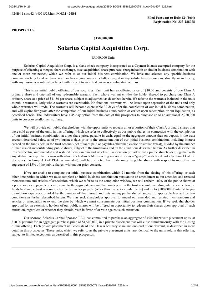 Solarius Capital Acquisition Corp.美股纳斯达克IPO上市招股说明书
