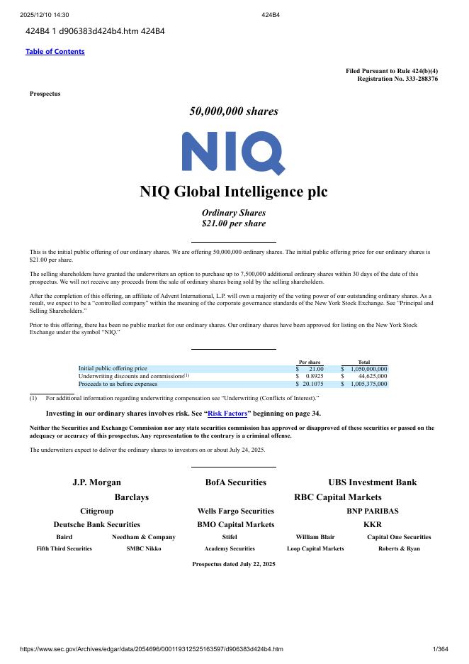 NIQ Global Intelligence plc美股纳斯达克IPO上市招股说明书