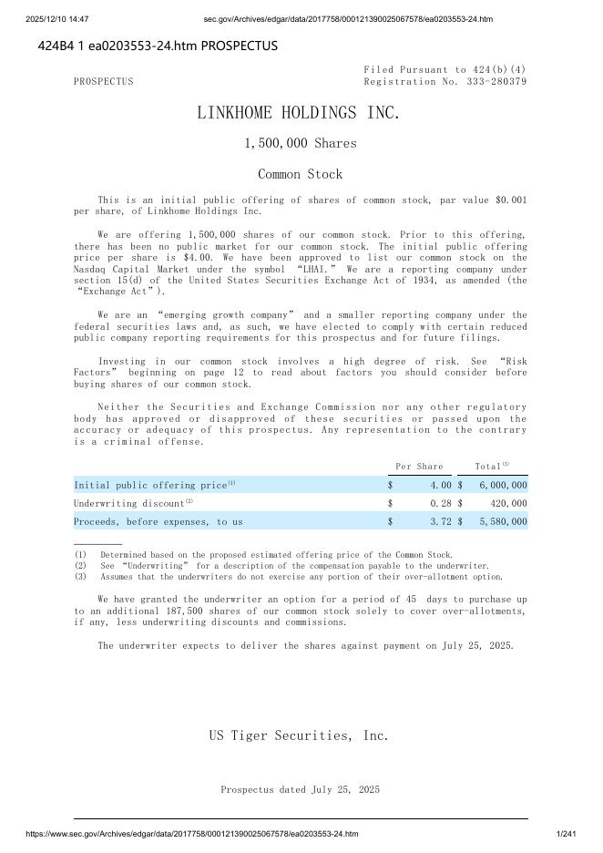 Linkhome Holdings Inc.美股纳斯达克IPO上市招股说明书