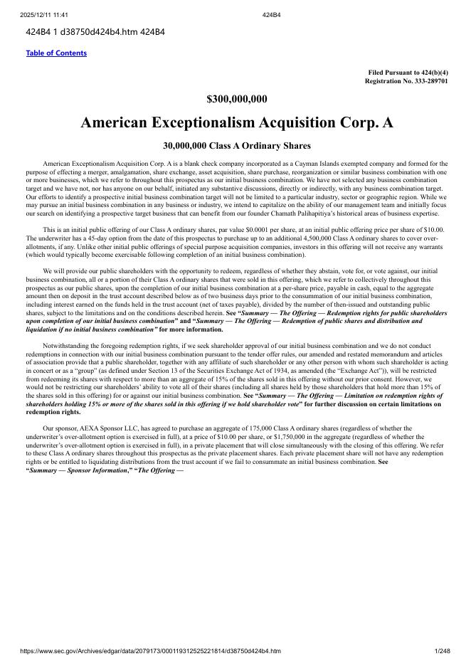 American Exceptionalism Acquisition Corp.A纽约证券交易所IPO上市招股说明书