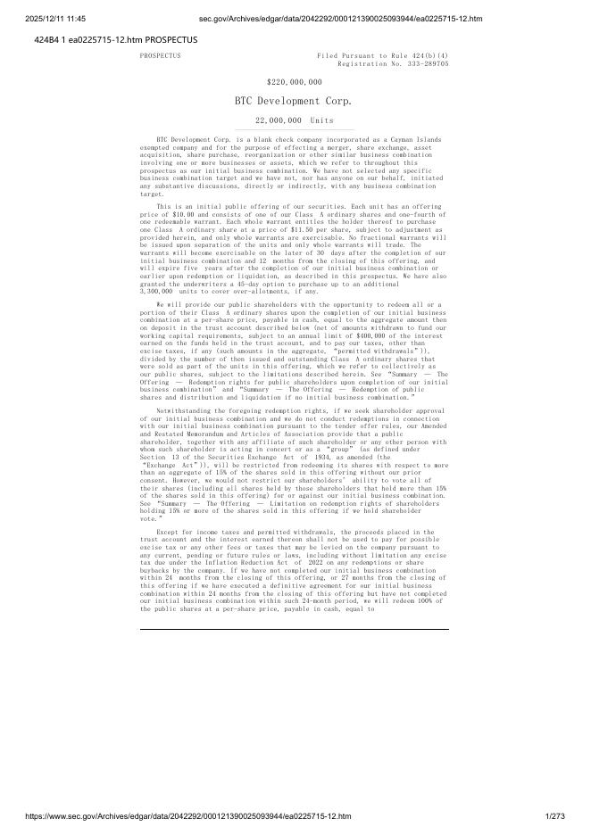 BTC Development Corp.美股纳斯达克IPO上市招股说明书