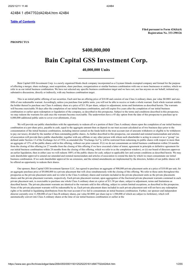 Bain Capital GSS Investment Corp.美股纳斯达克IPO上市招股说明书
