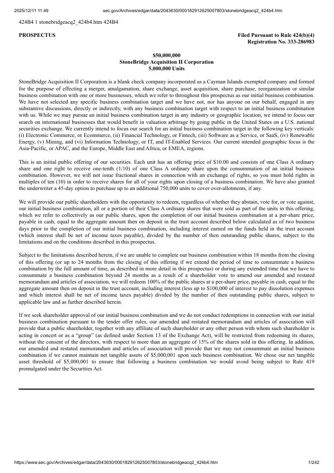 StoneBridge Acquisition II Corporation美股纳斯达克IPO上市招股说明书