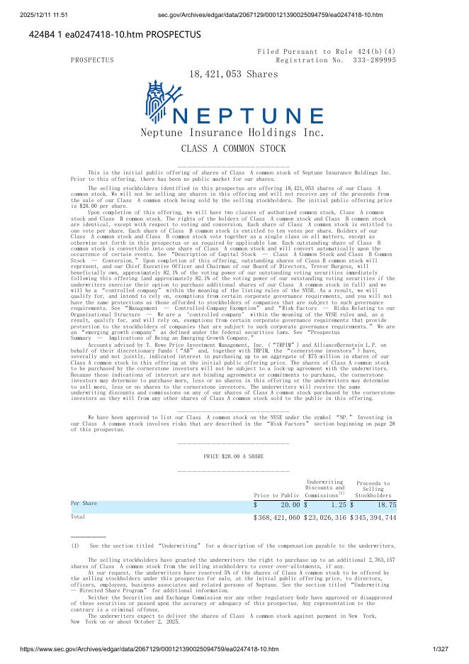 Neptune Insurance Holdings Inc.纽约证券交易所IPO上市招股说明书