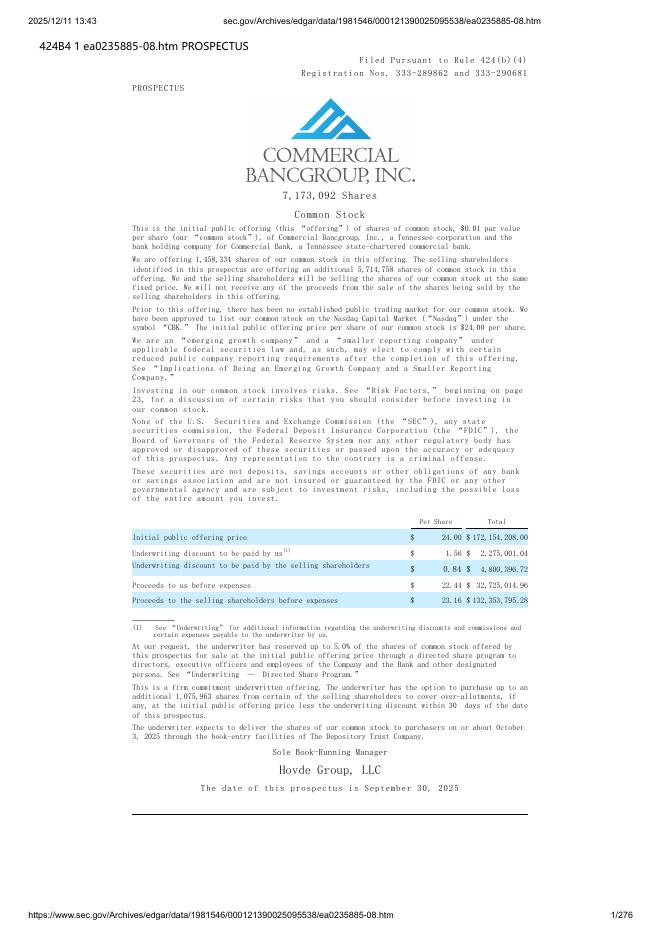 Commercial Bancgroup,Inc.美股纳斯达克IPO上市招股说明书