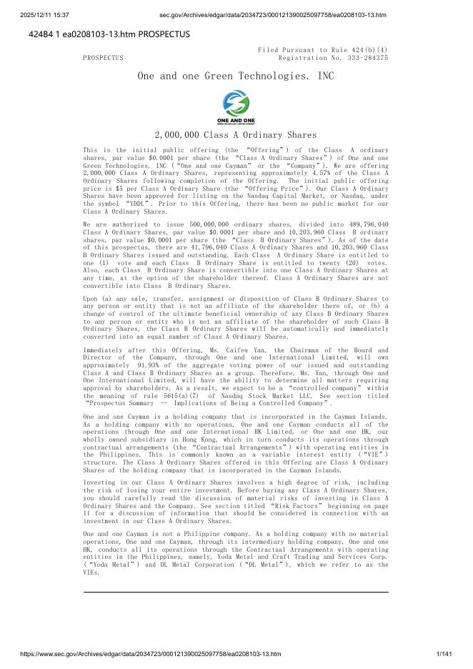 One and one Green Technologies.Inc美股纳斯达克IPO上市招股说明书