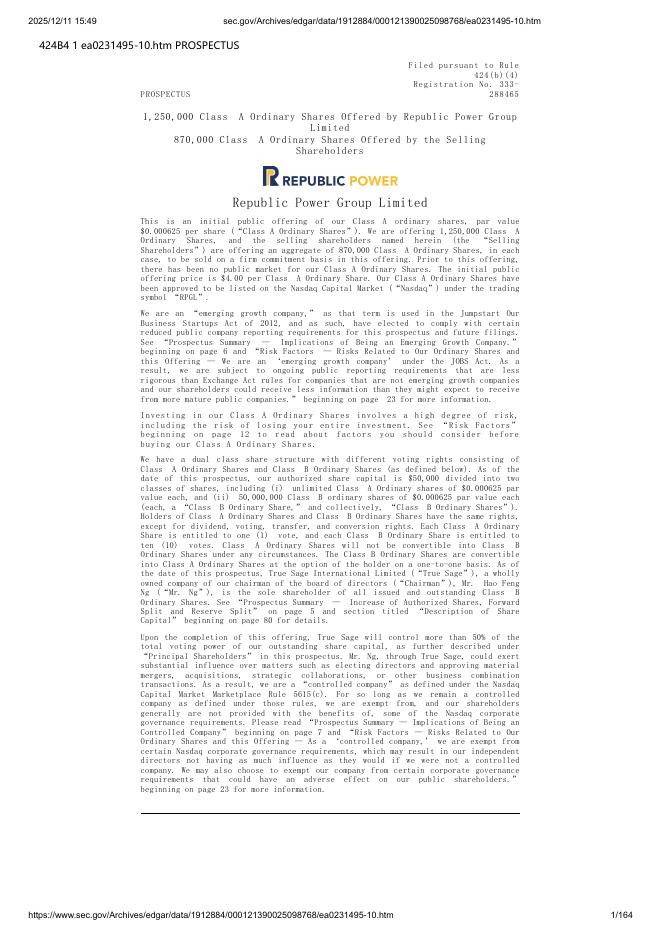 Republic Power Group Limited美股纳斯达克IPO上市招股说明书