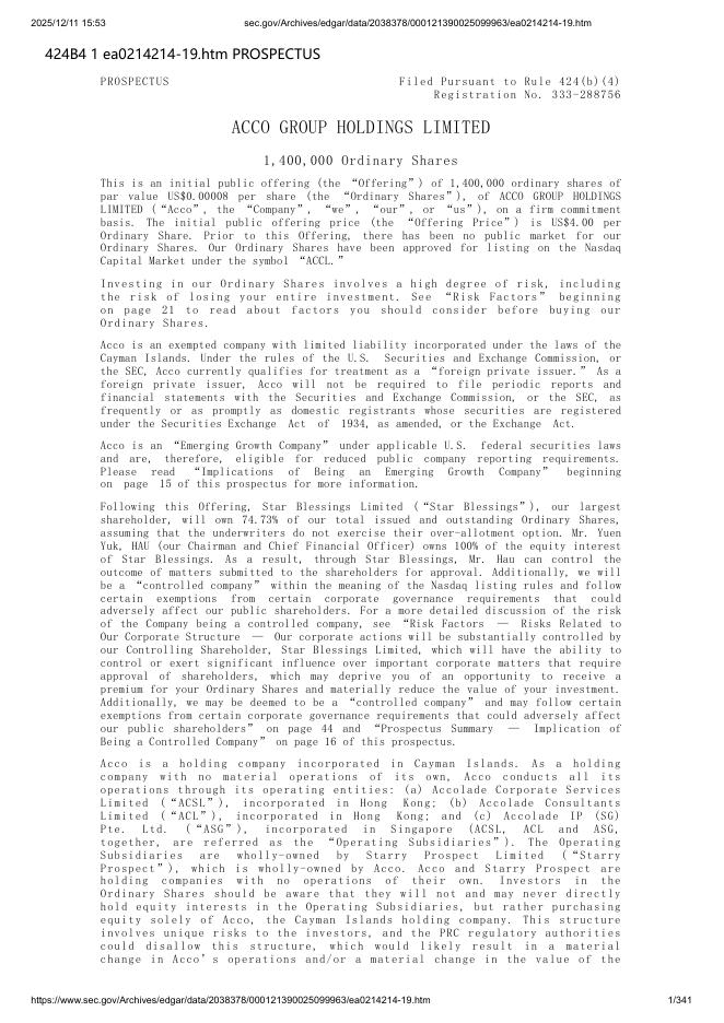 Acco Group Holdings Limited美股纳斯达克IPO上市招股说明书