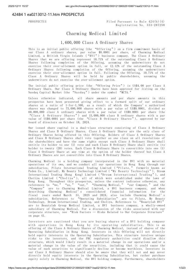 Charming Medical Limited美股纳斯达克IPO上市招股说明书