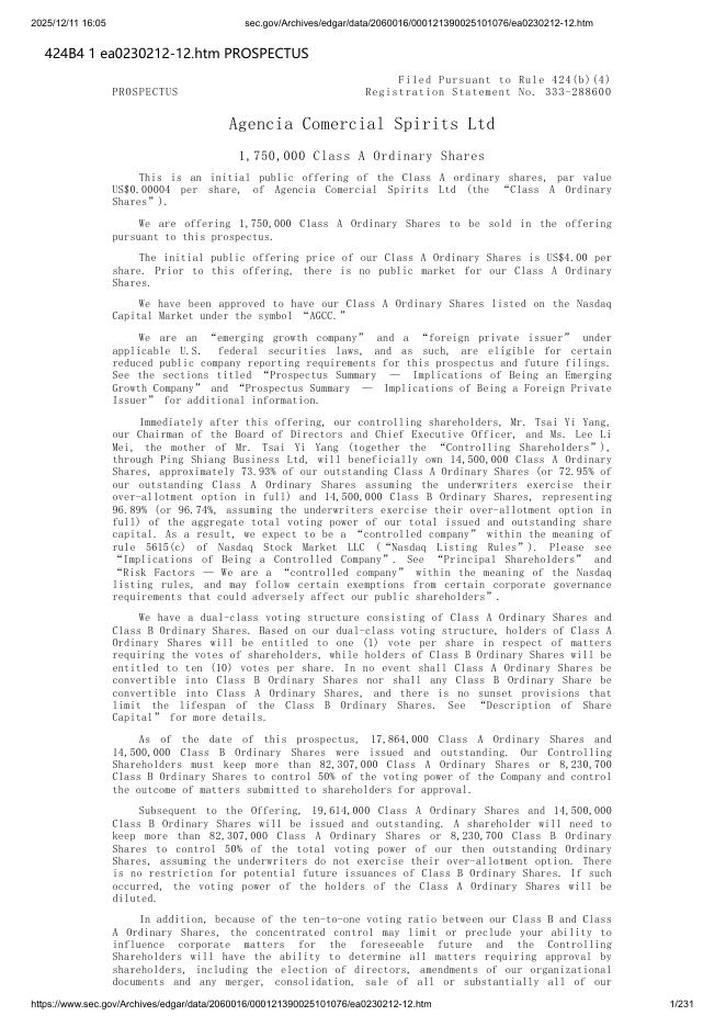 Agencia Comercial Spirits Ltd美股纳斯达克IPO上市招股说明书