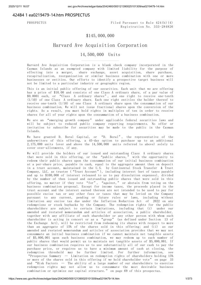 Harvard Ave Acquisition Corporation美股纳斯达克IPO上市招股说明书