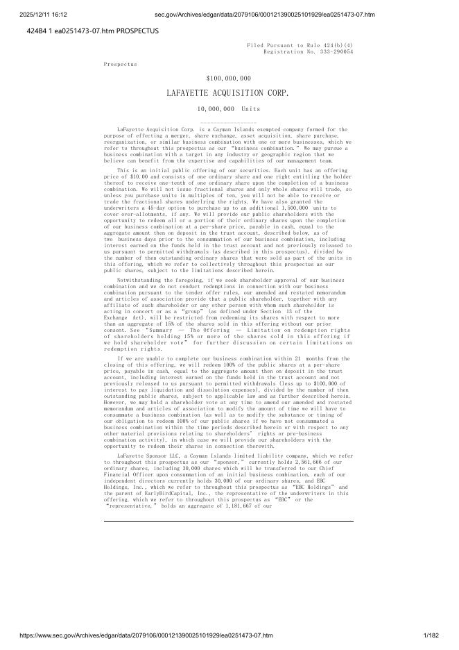 LaFayette Acquisition Corp.美股纳斯达克IPO上市招股说明书
