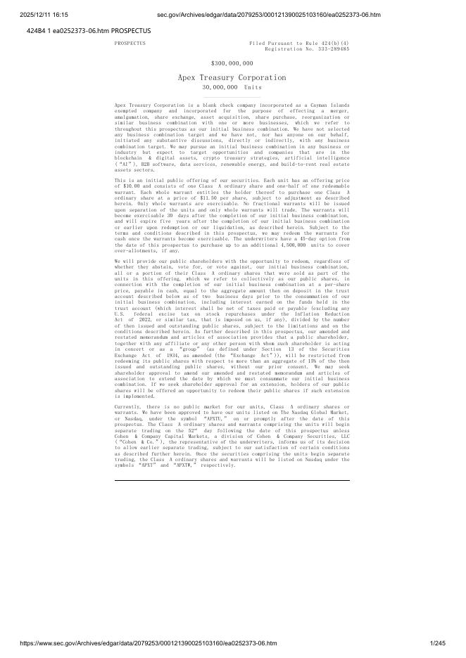 Apex Treasury Corporation美股纳斯达克IPO上市招股说明书