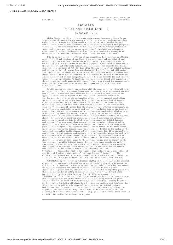 Viking Acquisition Corp.I纽约证券交易所IPO上市招股说明书