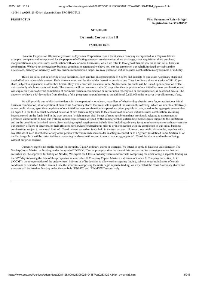 Dynamix Corporation III美股纳斯达克IPO上市招股说明书