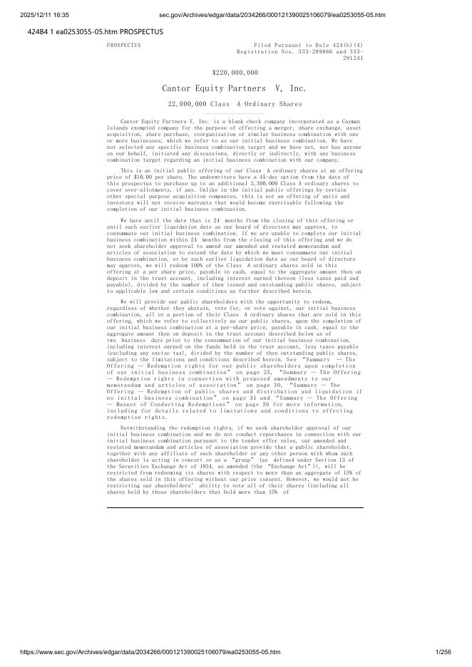 Cantor Equity Partners V,Inc.美股纳斯达克IPO上市招股说明书