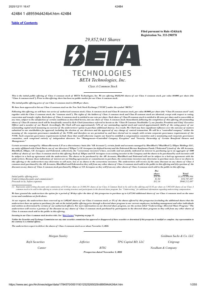 BETA Technologies,Inc.纽约证券交易所IPO上市招股说明书