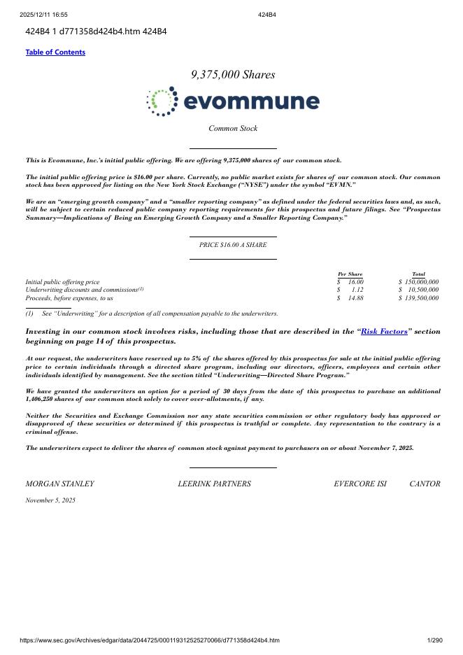 Evommune,Inc.纽约证券交易所IPO上市招股说明书